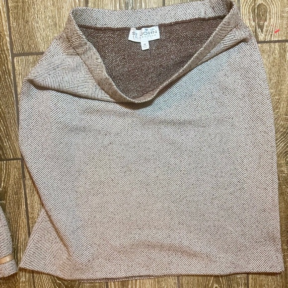 St. John Collection 3pc Leather Trimmed Pantsuit/Skirtsuit in Mocha Tweed - Picture 8 of 10